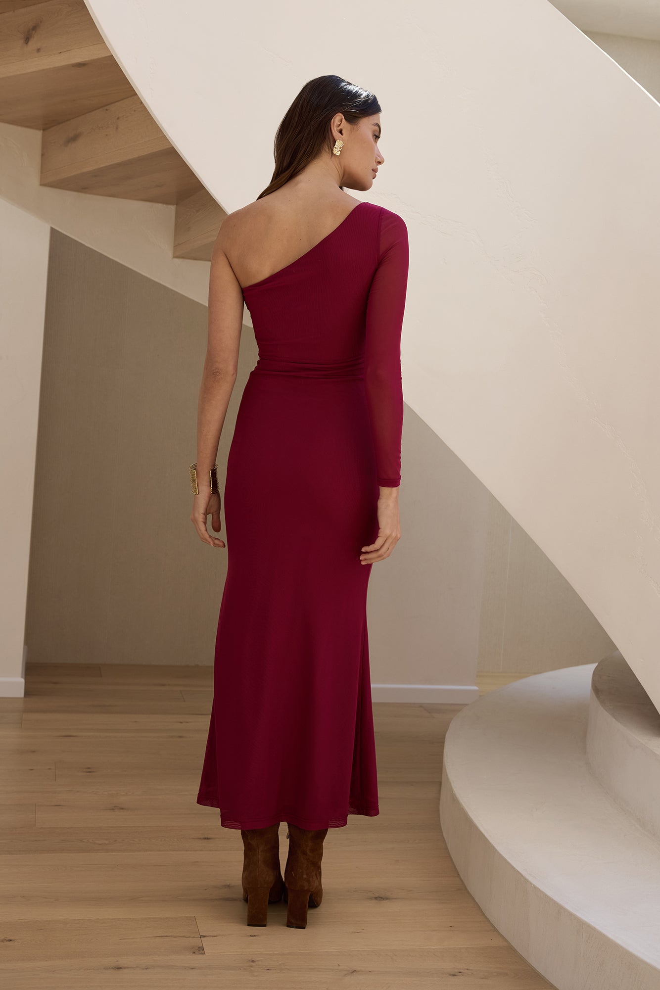Moment Of Clarity One Shoulder Mesh Maxi Dress Plum-Seaa Fashion