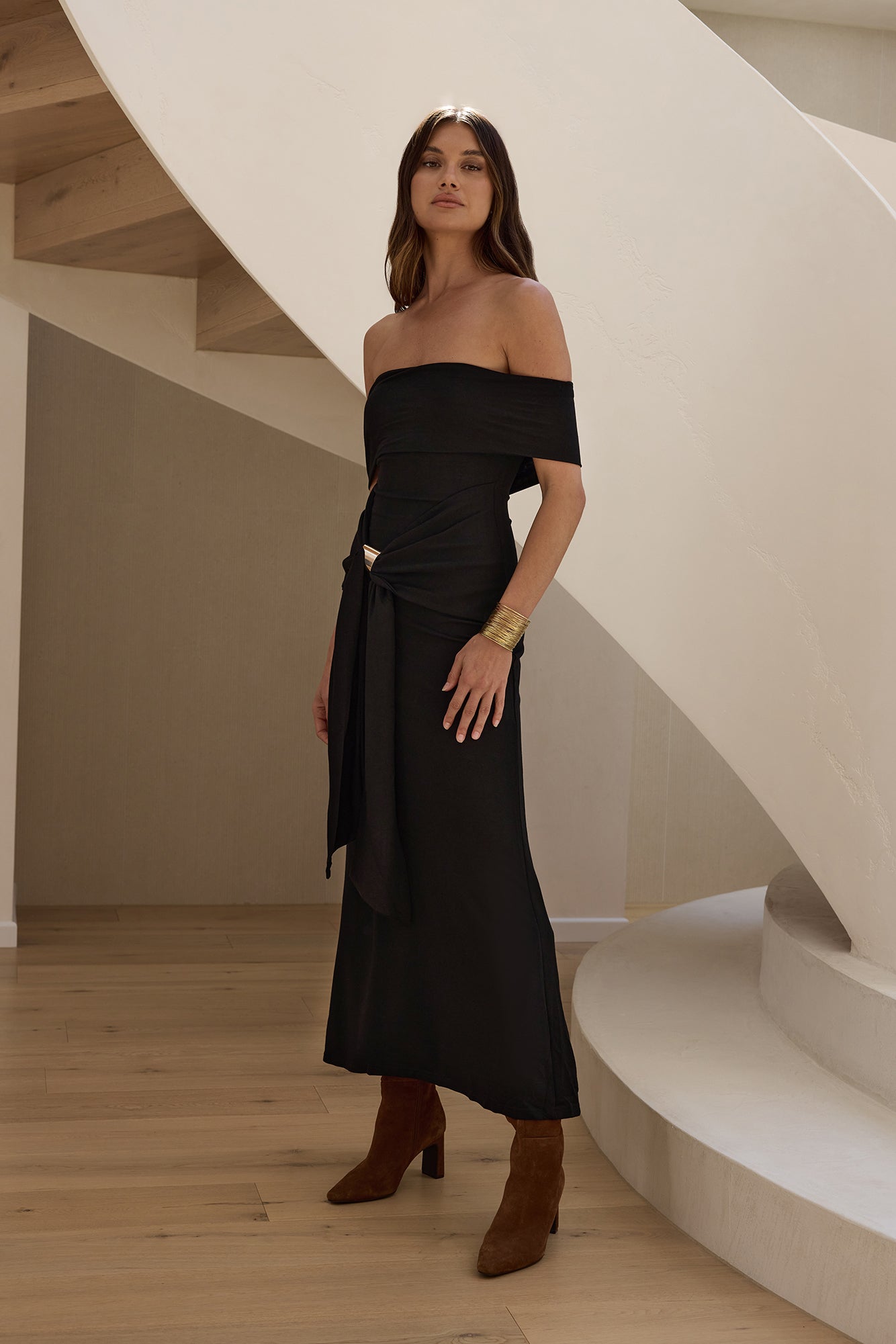 Martini Bloom Off Shoulder Knit Maxi Dress Black-Seaa Fashion
