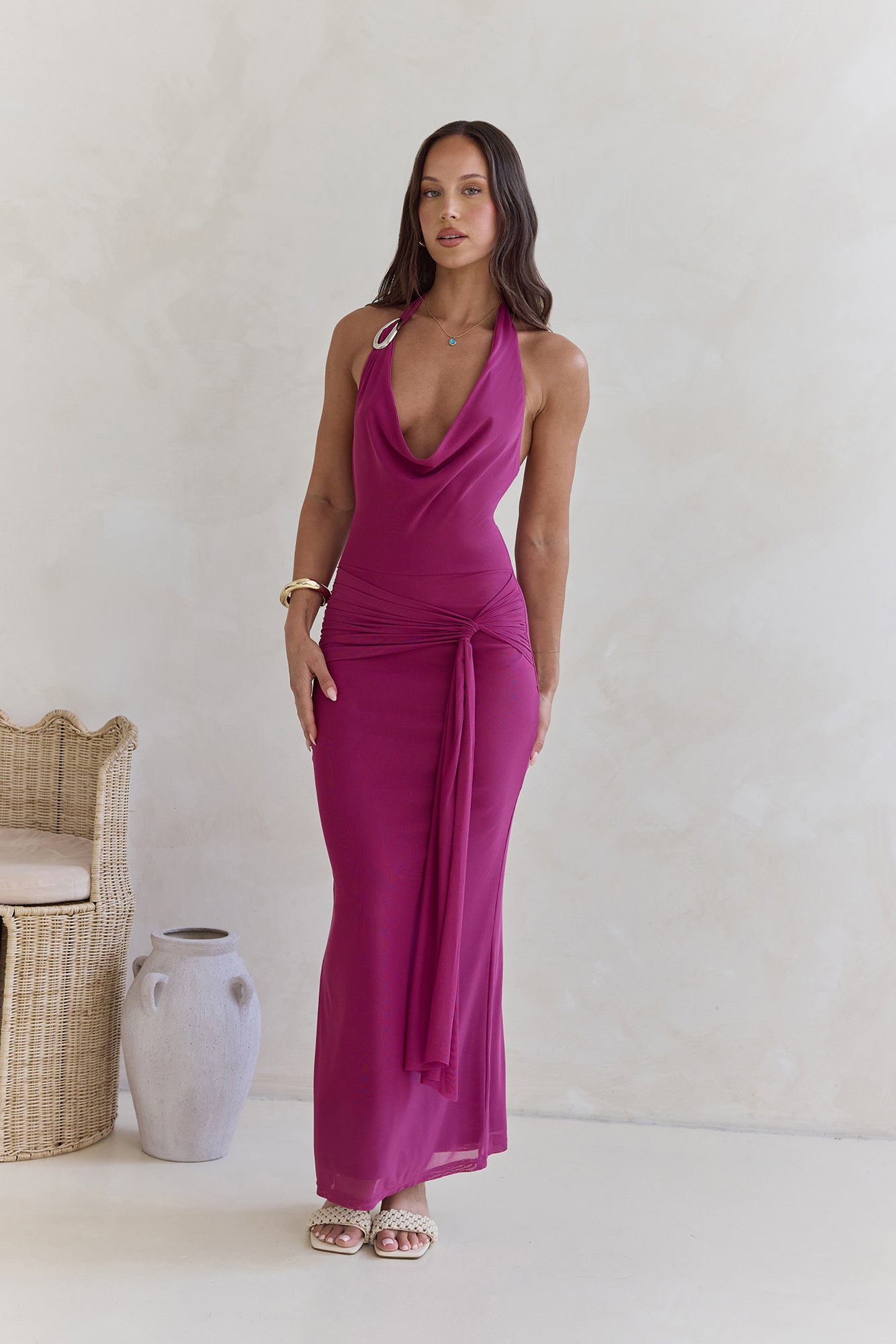 Step To Tune Mesh Halter Maxi Dress Plum-Seaa Fashion