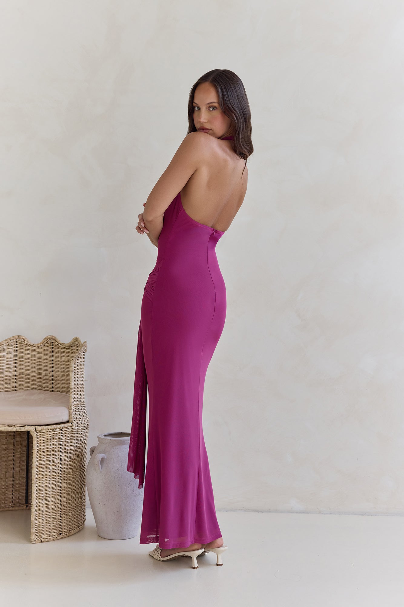 Step To Tune Mesh Halter Maxi Dress Plum-Seaa Fashion