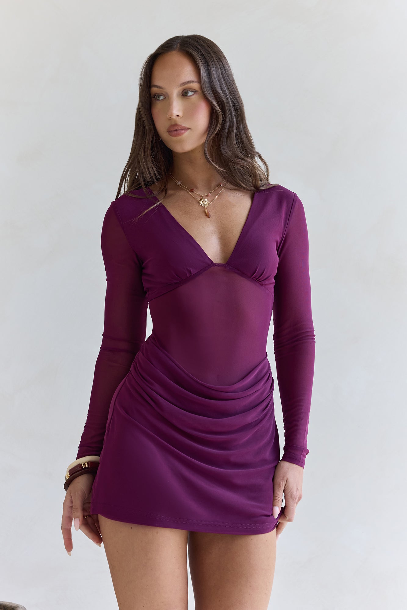 Glowing Nights Long Sleeve Mesh Mini Dress Plum-Seaa Fashion