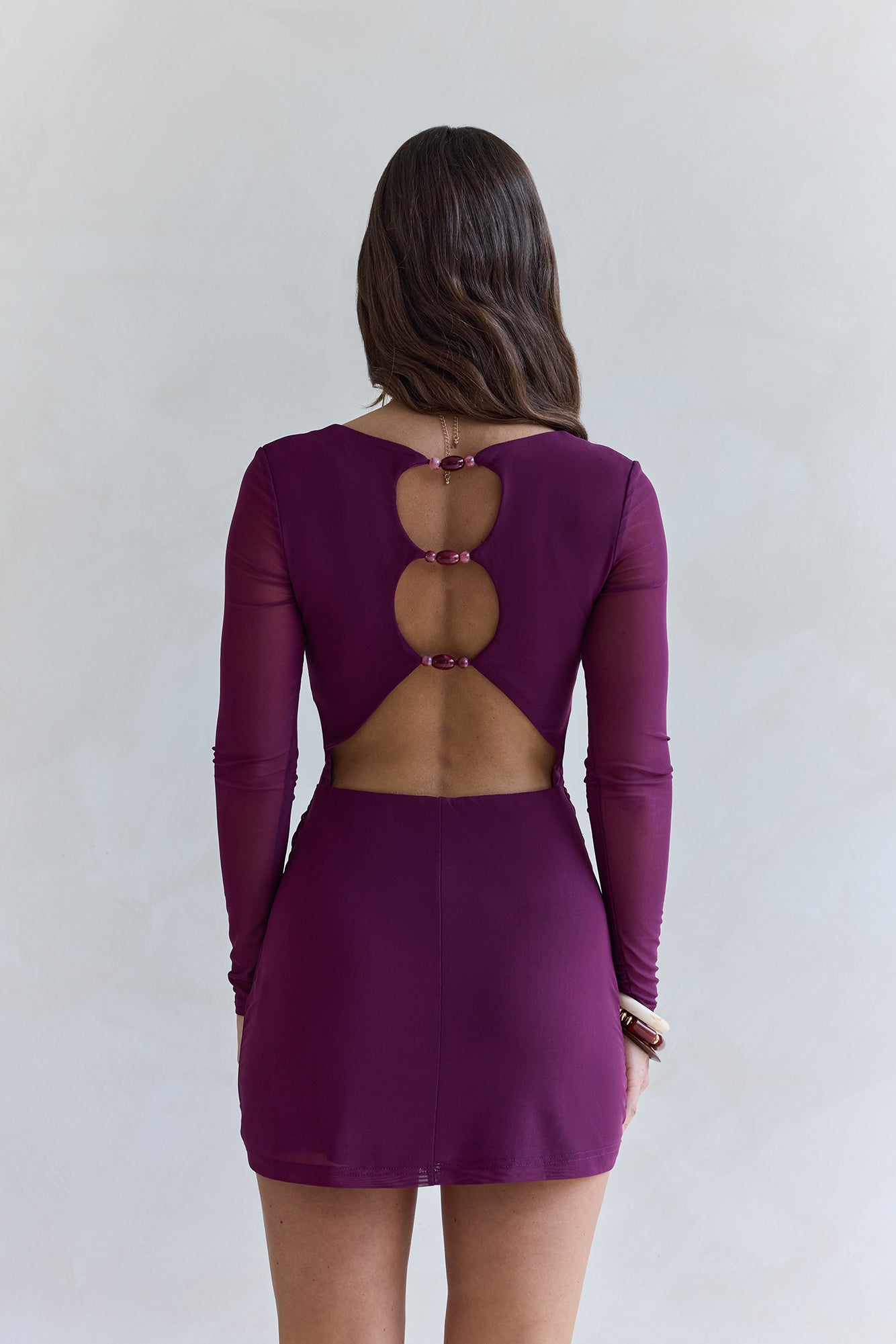 Glowing Nights Long Sleeve Mesh Mini Dress Plum-Seaa Fashion