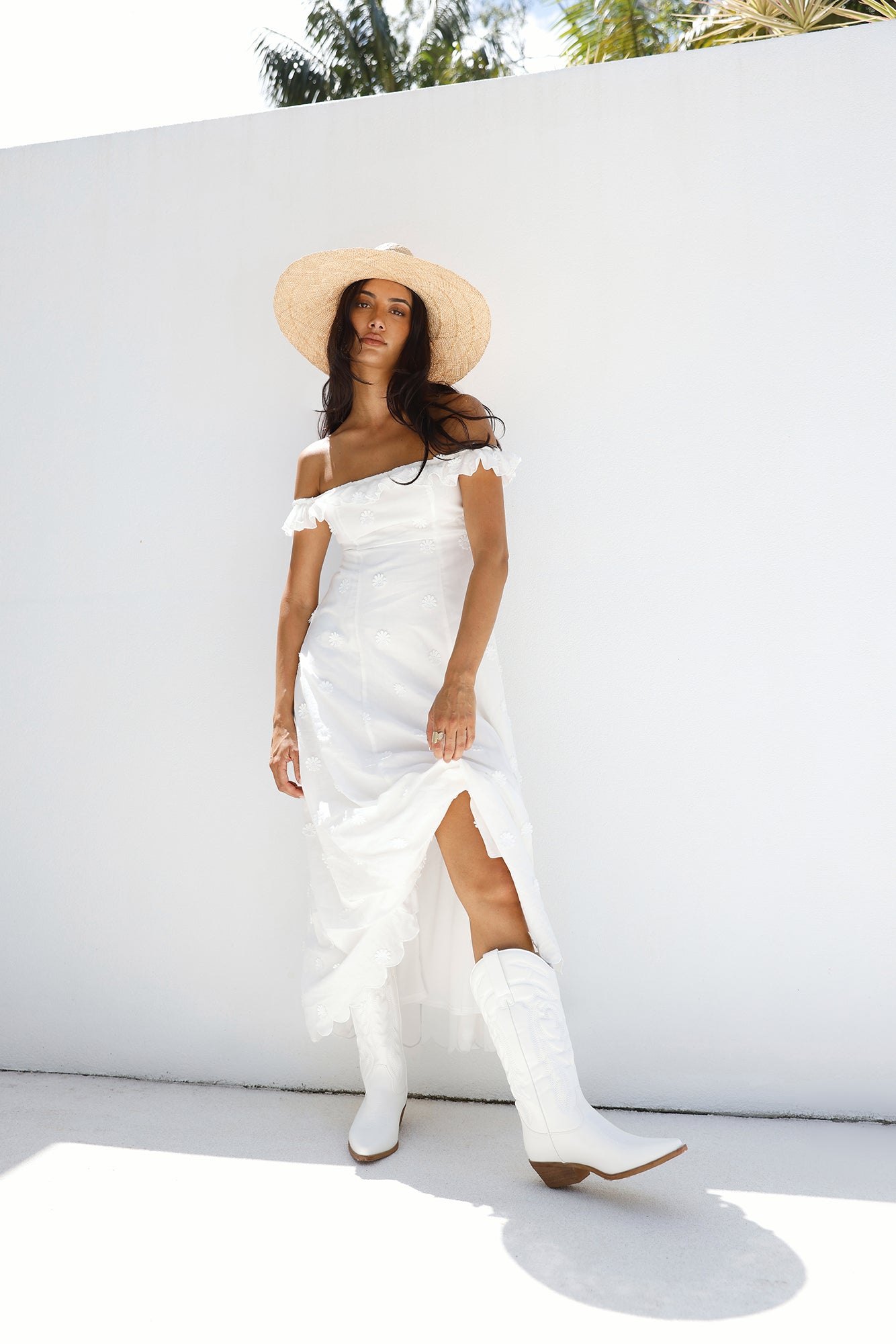 Sunset Waves Off Shoulder Maxi Dress Off White-Seaa Fashion