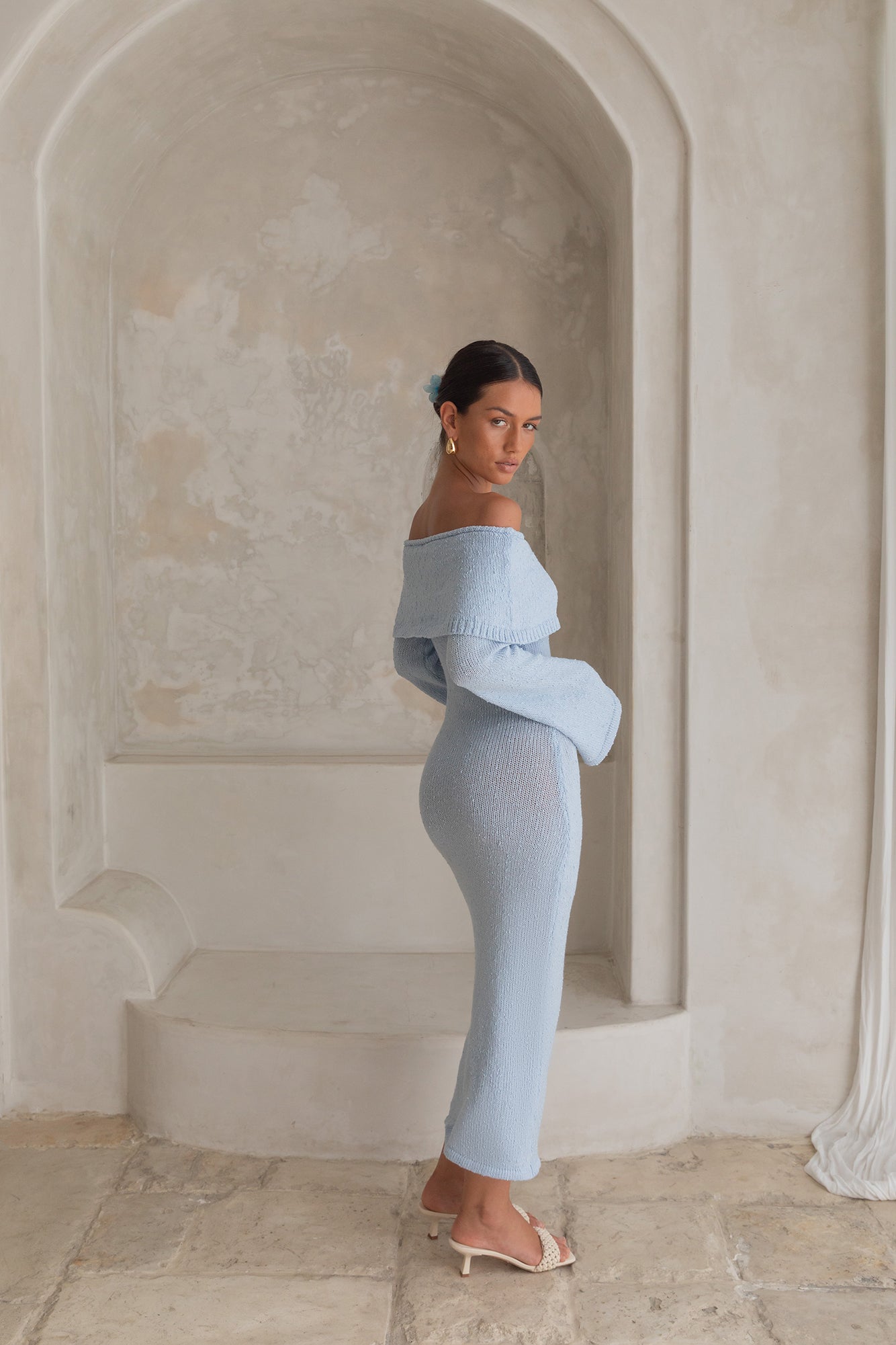 Cabana Crush Off Shoulder Knit Midi Dress Blue-Seaa Fashion