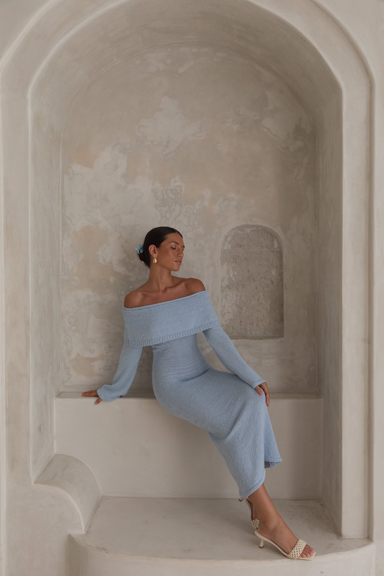 Cabana Crush Off Shoulder Knit Midi Dress Blue-Seaa Fashion