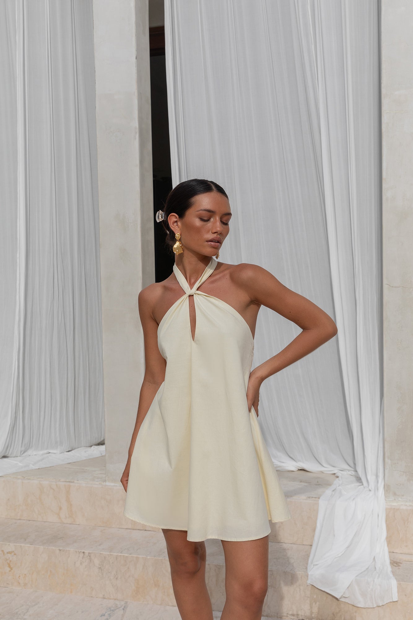 Coconut Sips Halter Mini Dress Yellow-Seaa Fashion