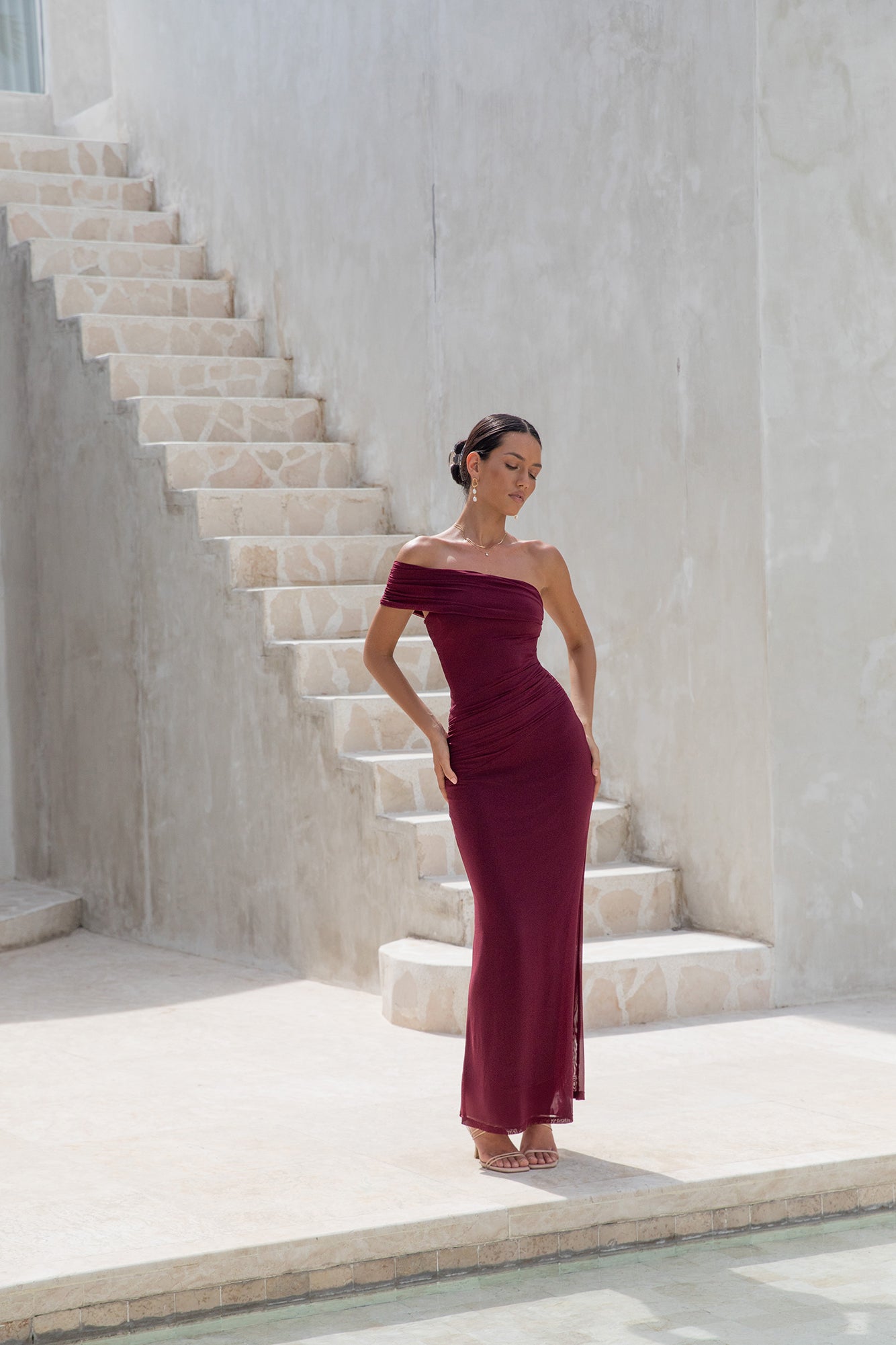 Dahlia One Shoulder Mesh Maxi Dress Maroon-Seaa Fashion