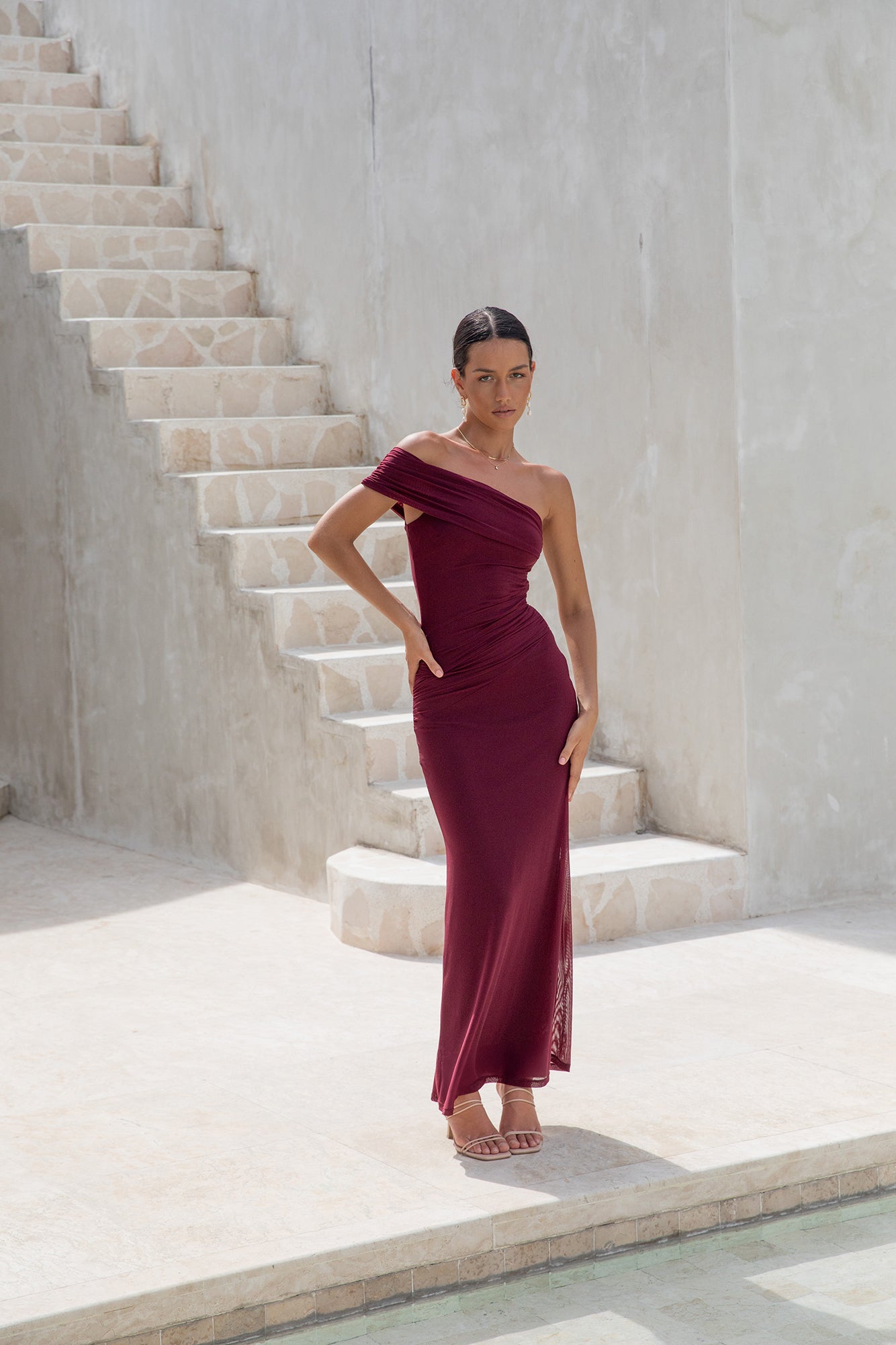 Dahlia One Shoulder Mesh Maxi Dress Maroon-Seaa Fashion