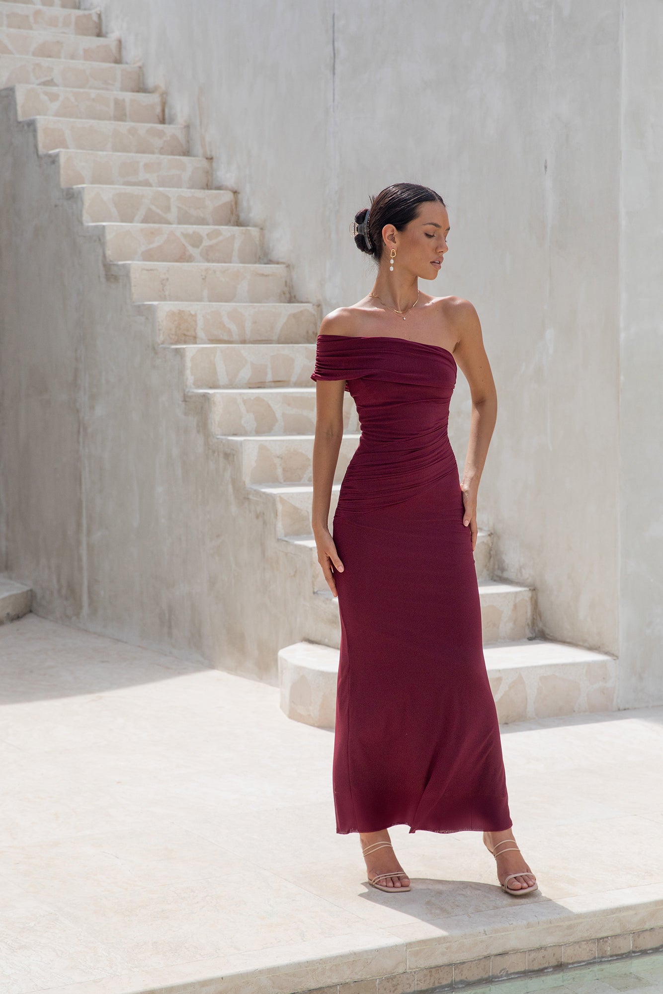 Dahlia One Shoulder Mesh Maxi Dress Maroon-Seaa Fashion