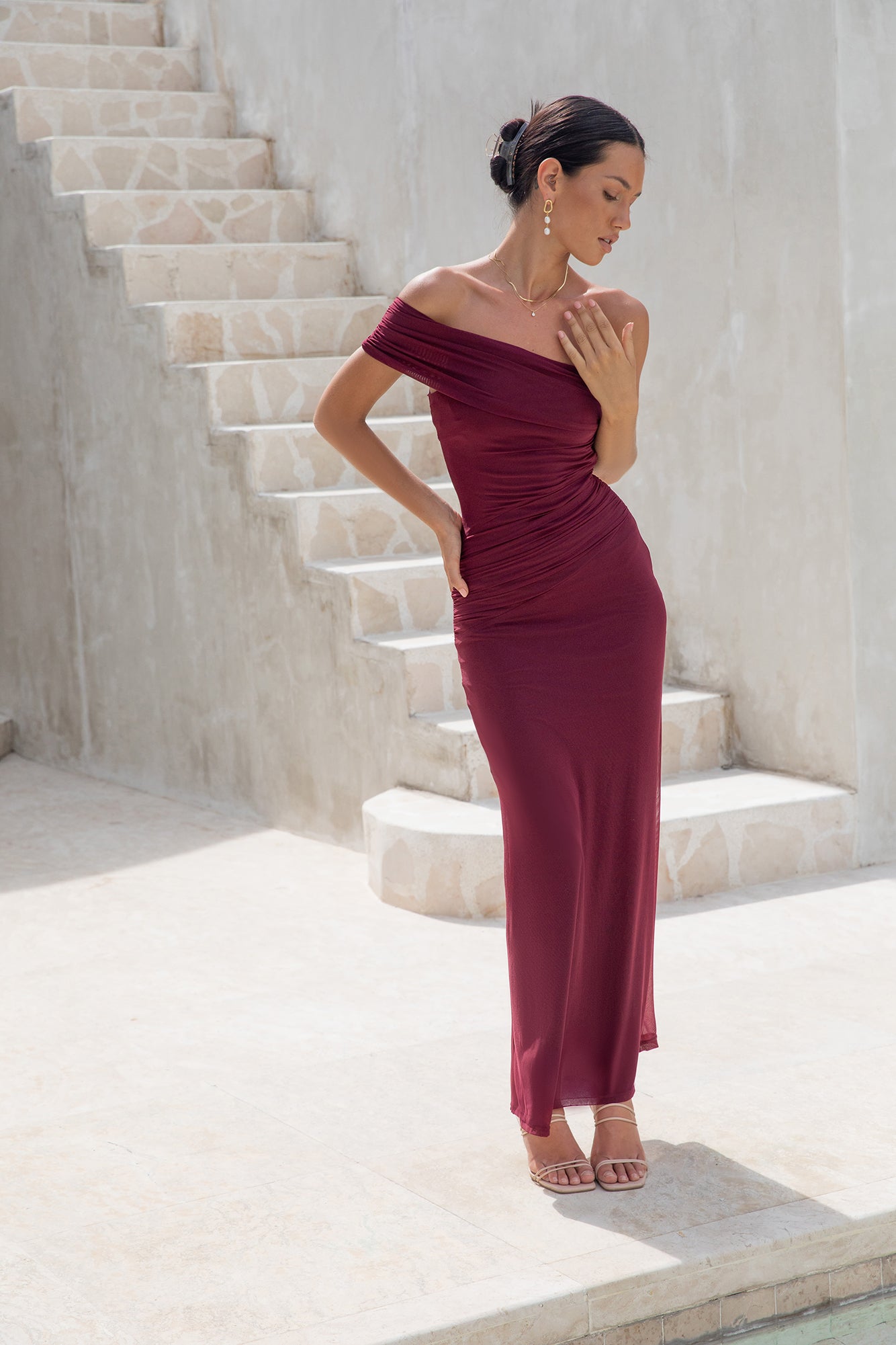 Dahlia One Shoulder Mesh Maxi Dress Maroon-Seaa Fashion