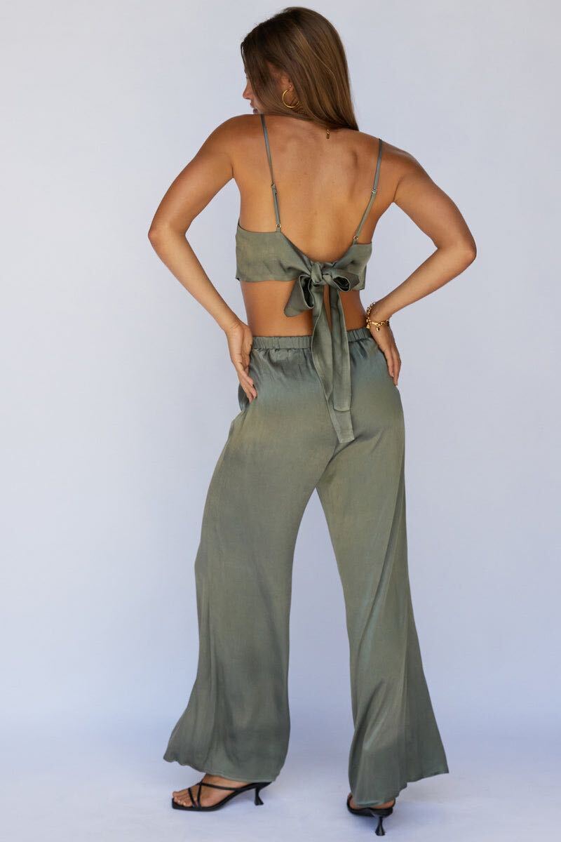SNDYS Marta Satin Pant Khaki-Seaa Fashion