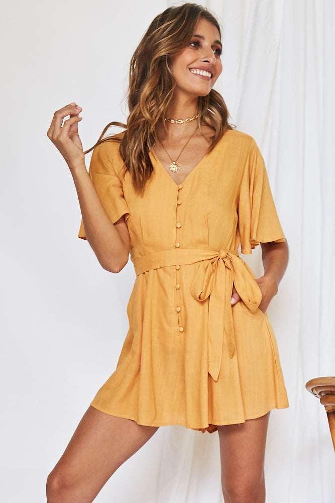 Coastal Treasure Romper Mustard-Seaa Fashion