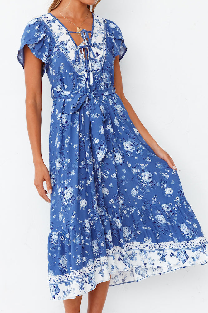 Wind Flower Midi Dress Blue-Seaa Fashion