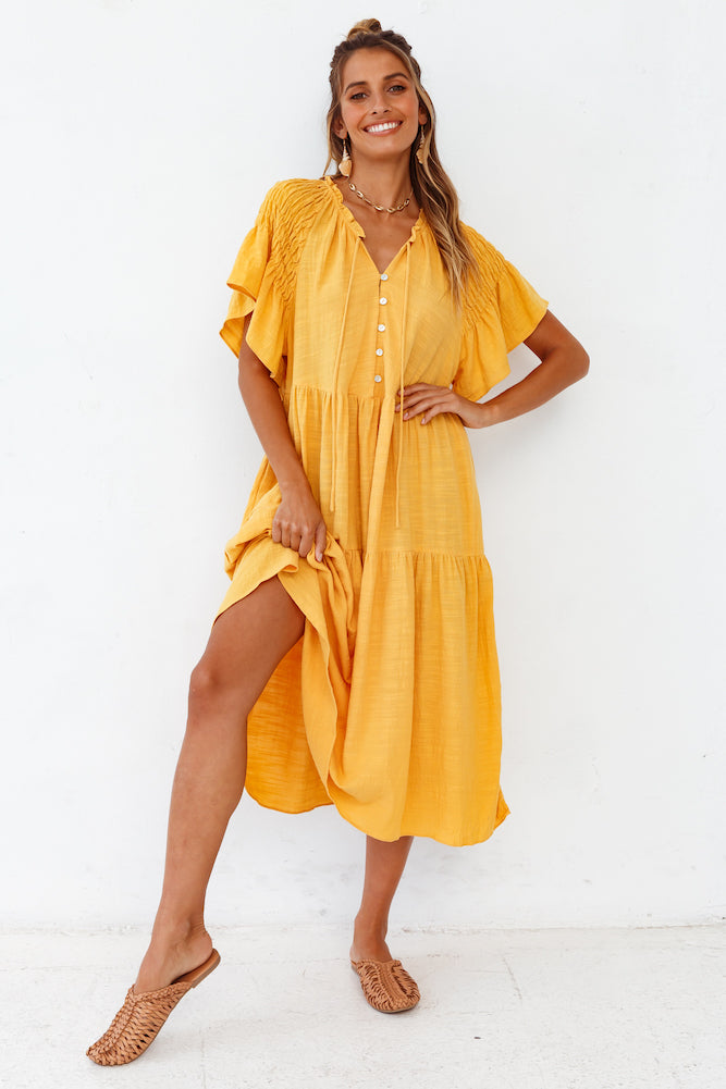 Starry Streets Midi Dress Mustard-Seaa Fashion