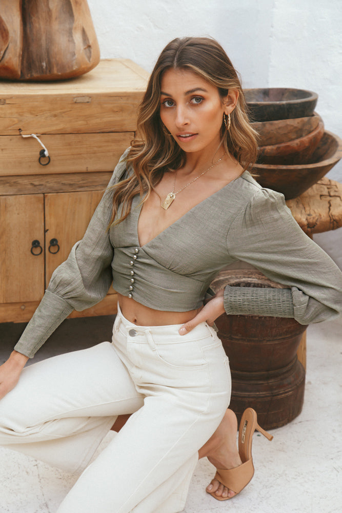 Unknown Woman Crop Top Khaki-Seaa Fashion