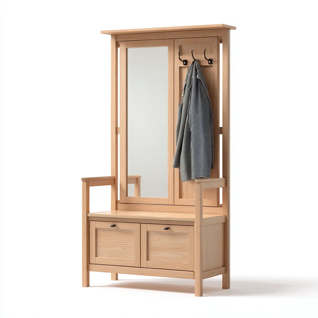 Garderobenständer-Holz-95x40x185 cm-Eichefarben-Modernes Design mit Spiegel und Sitzbank-Shelterovae