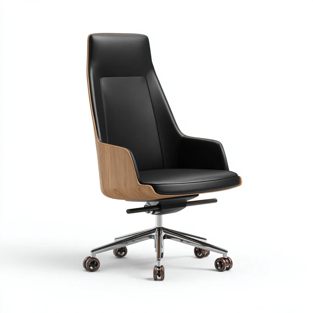 Bürostuhl - Leder-Holz-Metall - 70x66x117 cm - Schwarz-Braun - Moderner Hochlehner-Drehstuhl mit Holzrückenschale und Rollen-Shelterovae