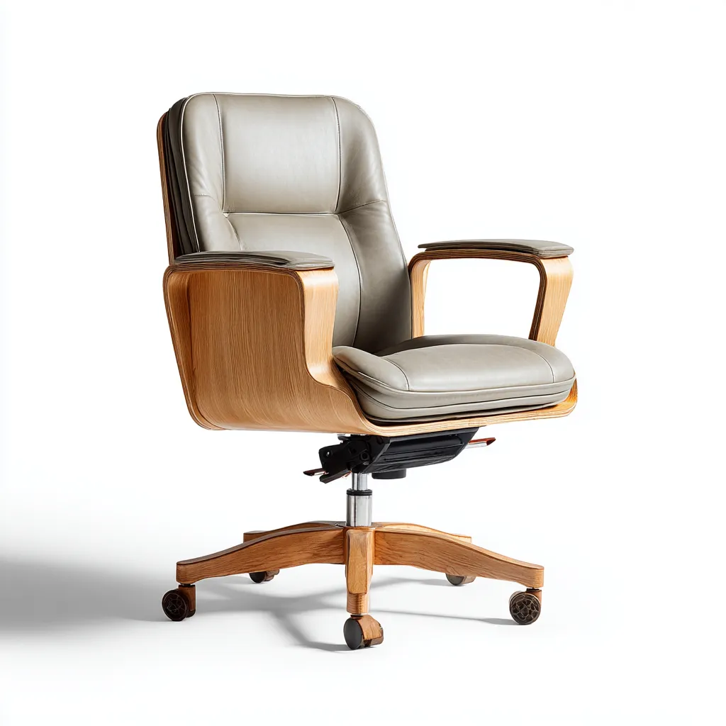 Bürostuhl - Echtleder-Holz-Metall - 68x64x105 cm - Grau-Natur - Modernes ergonomisches Design-Shelterovae