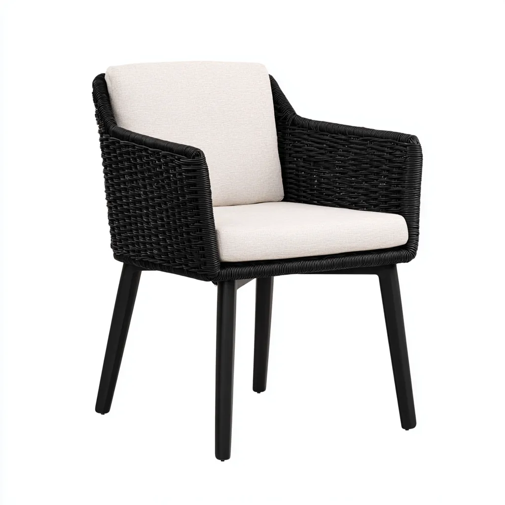 Gartenstuhl - Rattan-Metall-Stoff - 58x61x84 cm - Schwarz-Beige - Modernes Design-Shelterovae