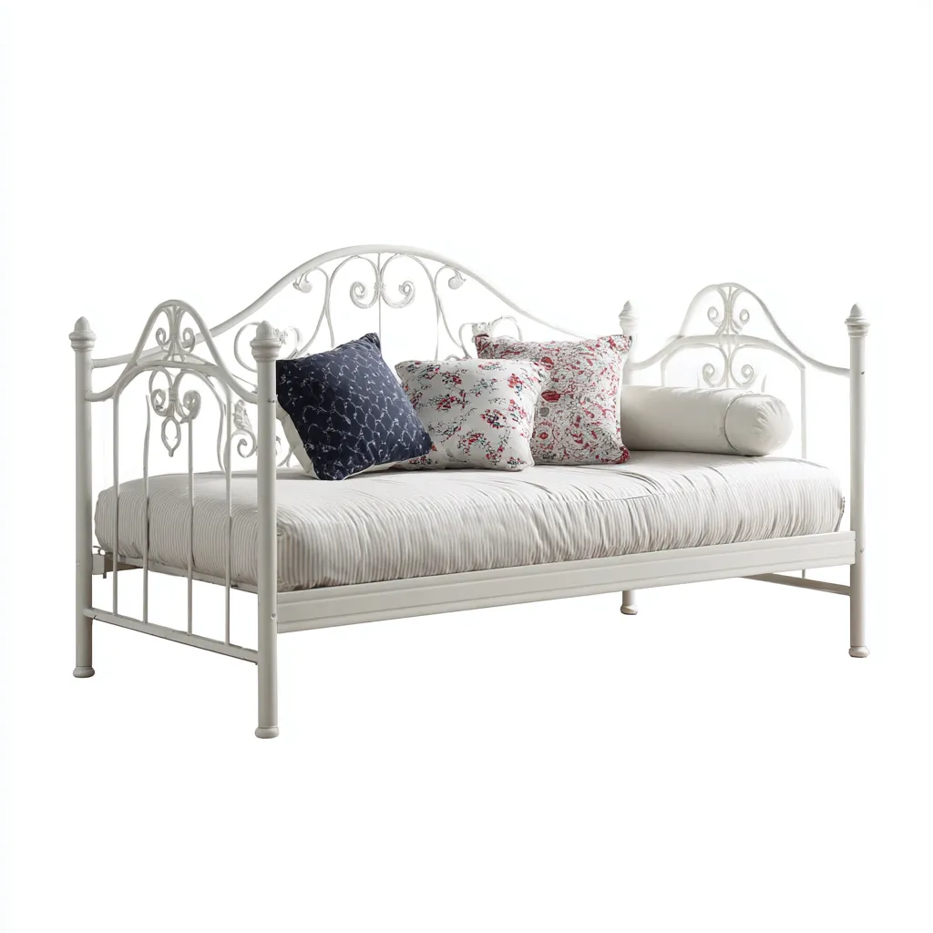 Schlafsofa-Metall-200x100x105 cm-Weiß-Retro-Stil mit geschwungenem Kopfteil-Shelterovae