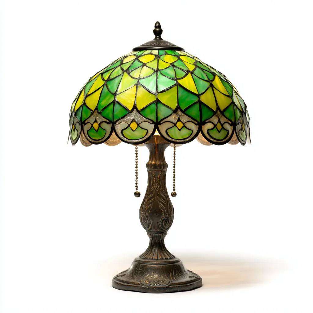 Tischlampe-Glas-Metall-32x32x50 cm-Grün-Gelb-Tiffany Stil-Shelterovae