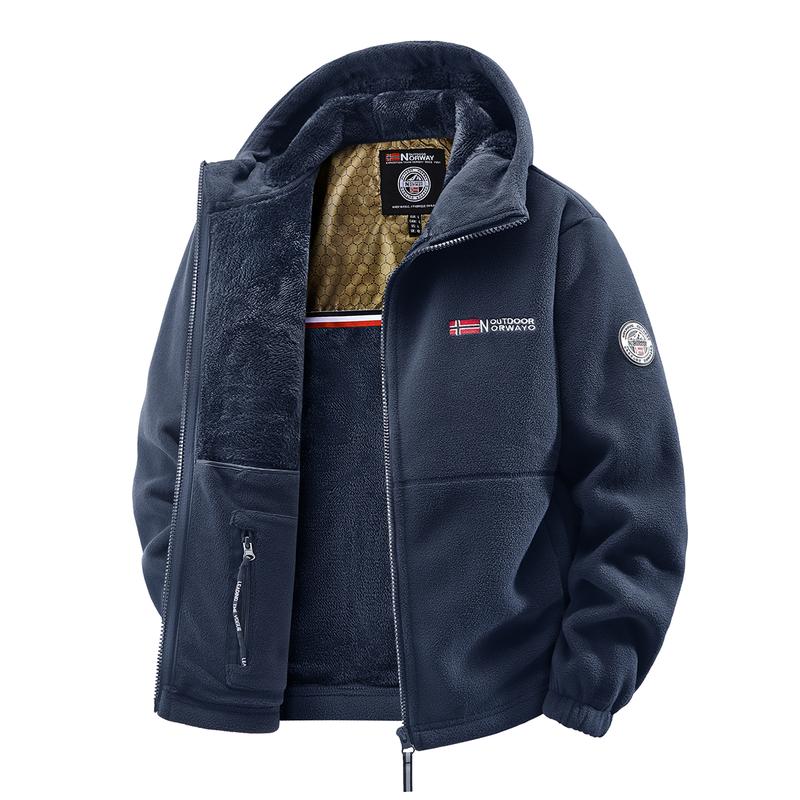 Men's Outdoor Heavyweight Fleece Jacket - Double-Sided Warm Hooded Coat with Full Zip, Multi Pockets & Machine Washable Polyester for Camping Hiking Casual Wear Men's Outdoor Heavyweight Fleece Jacket - Double-Sided Warm Hooded Coat with Full Zip, Multi Pockets & Machine Washable Polyester for Camping Hiking Casual Wear