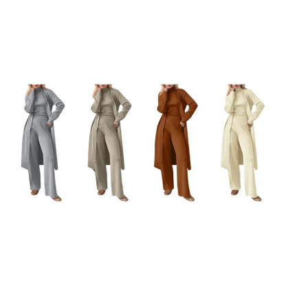 Three-Piece Set - Knit Turtleneck Tank & Wide Leg Pants With Long Cardigan