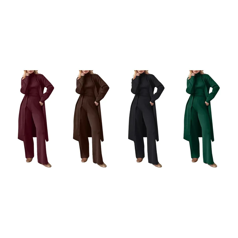 Three-Piece Set - Knit Turtleneck Tank & Wide Leg Pants With Long Cardigan