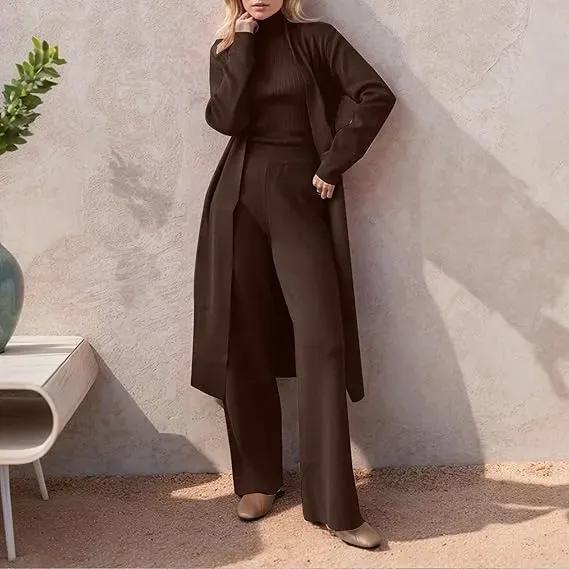 Three-Piece Set - Knit Turtleneck Tank & Wide Leg Pants With Long Cardigan