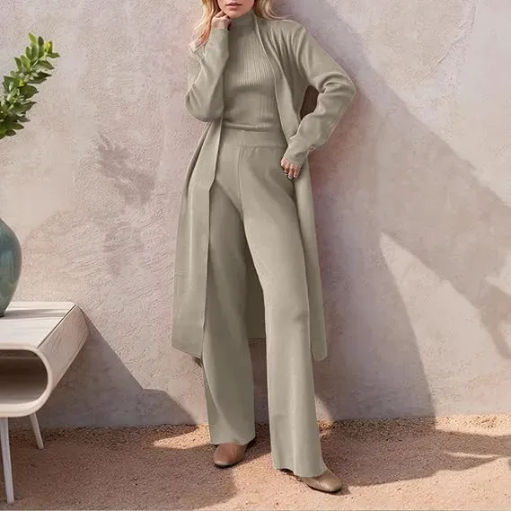Three-Piece Set - Knit Turtleneck Tank & Wide Leg Pants With Long Cardigan