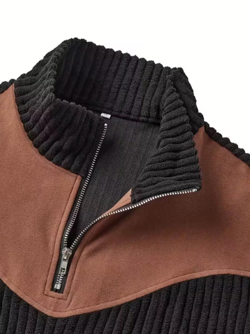 Men's Stand Collar Pullover Sweater, Autumn Winter Warm Half Zip Cow Head Print Patchwork Ribbed Vintage Streetwear