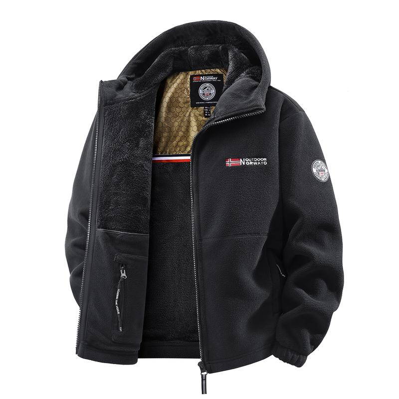 Men's Outdoor Heavyweight Fleece Jacket - Double-Sided Warm Hooded Coat with Full Zip, Multi Pockets & Machine Washable Polyester for Camping Hiking Casual Wear Men's Outdoor Heavyweight Fleece Jacket - Double-Sided Warm Hooded Coat with Full Zip, Multi Pockets & Machine Washable Polyester for Camping Hiking Casual Wear