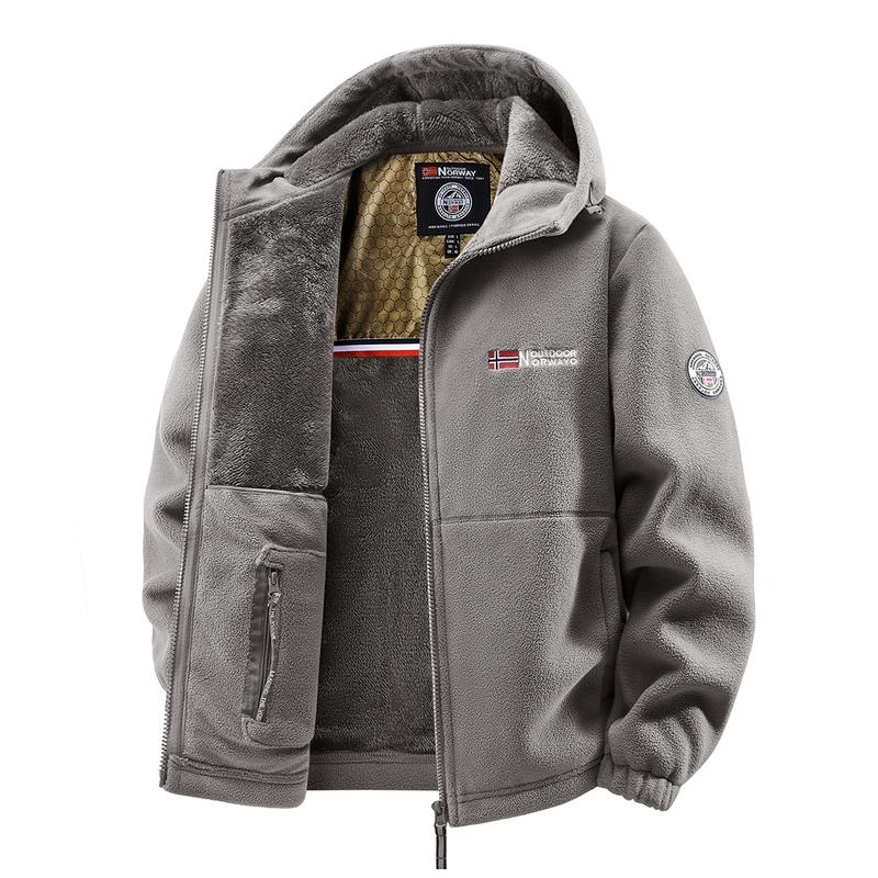 Men's Outdoor Heavyweight Fleece Jacket - Double-Sided Warm Hooded Coat with Full Zip, Multi Pockets & Machine Washable Polyester for Camping Hiking Casual Wear Men's Outdoor Heavyweight Fleece Jacket - Double-Sided Warm Hooded Coat with Full Zip, Multi Pockets & Machine Washable Polyester for Camping Hiking Casual Wear