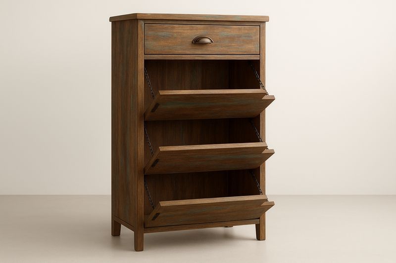 Scarpiera in Legno Massello con Ribalte e Cassetto Marrone