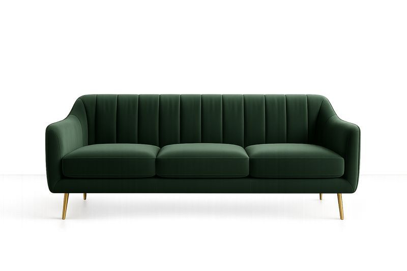 Divano 3 posti in tessuto verde con gambe in metallo dorato