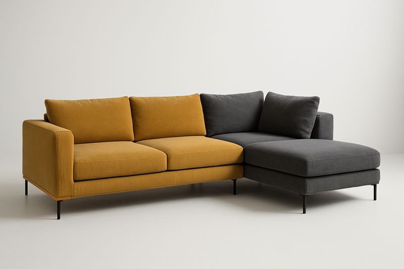 Divano angolare in velluto cotelé senape e grigio 300x200 cm