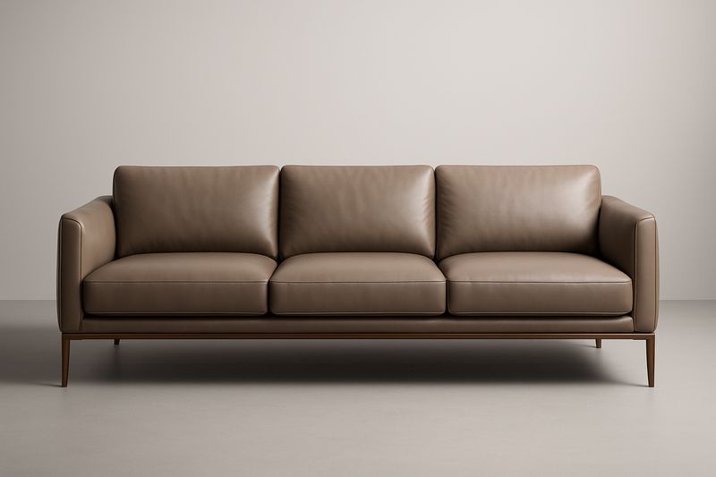 Divano a tre posti in pelle sintetica marrone con struttura in metallo