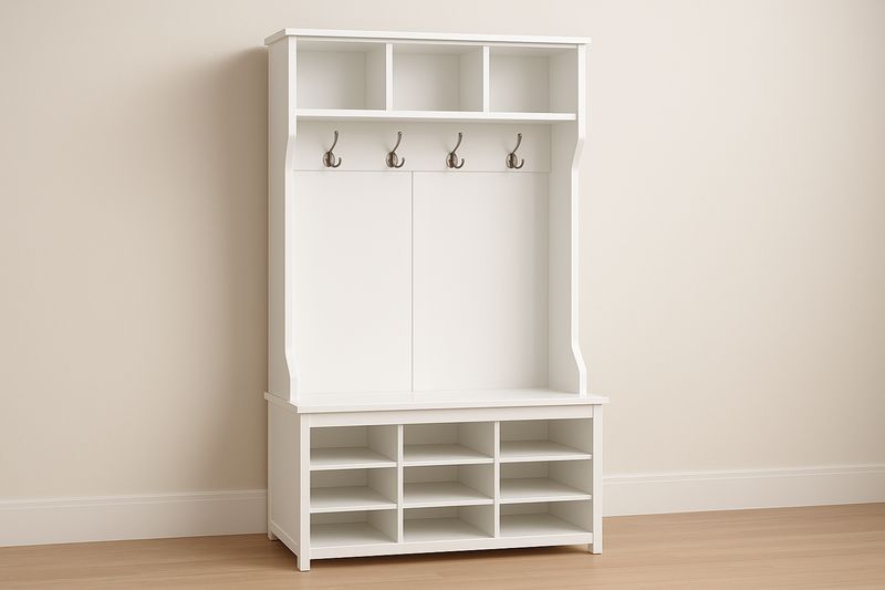 Appendiabiti da Ingresso in MDF Bianco con Ripiani e Ganci