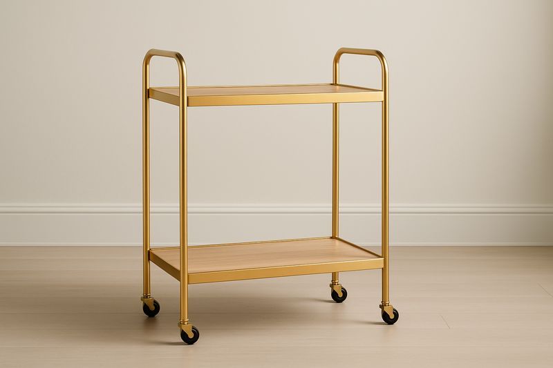 Chariot de Service en Métal Doré avec Plateaux en Bois