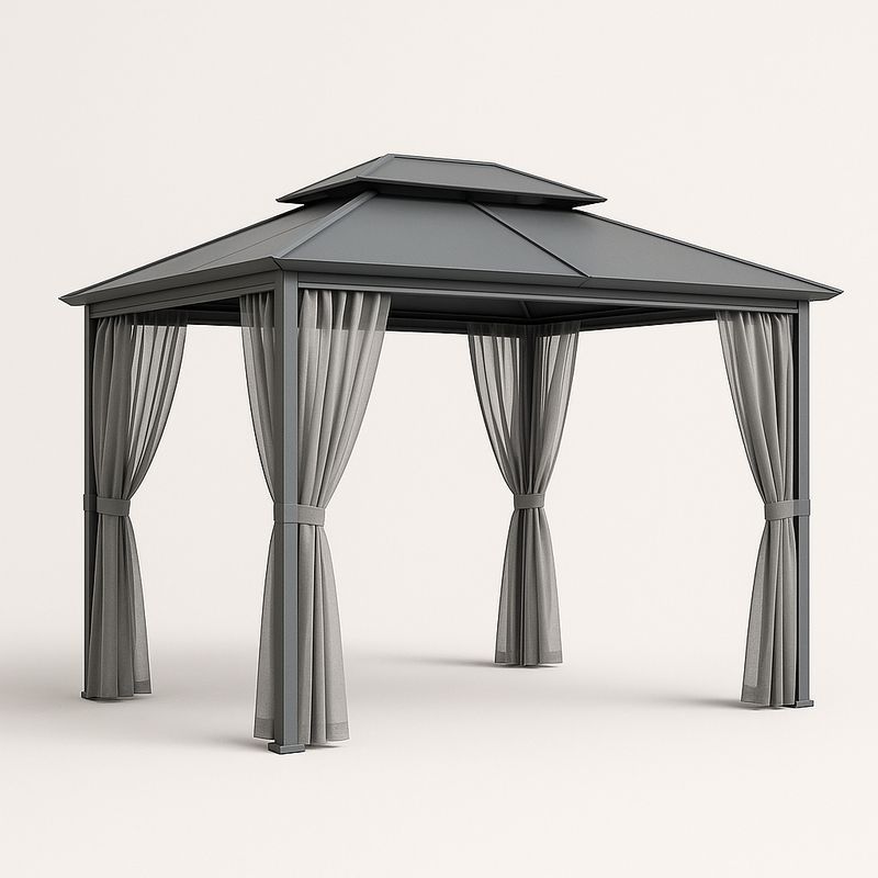 Pavillon Stahlstruktur Anthrazit Polycarbonat Dach Polyester Vorhänge