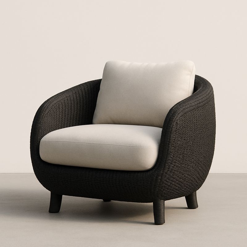 Sessel Rattan Schwarz Baumwolle Creme 80x85x75cm