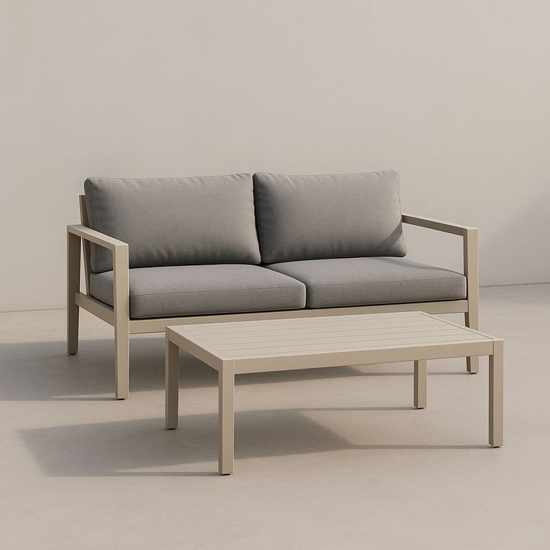 Sofa-Set aus Aluminium Beige mit Polyesterkissen Grau 2-Sitzer 124x72x79 cm Tisch 90x55x35 cm
