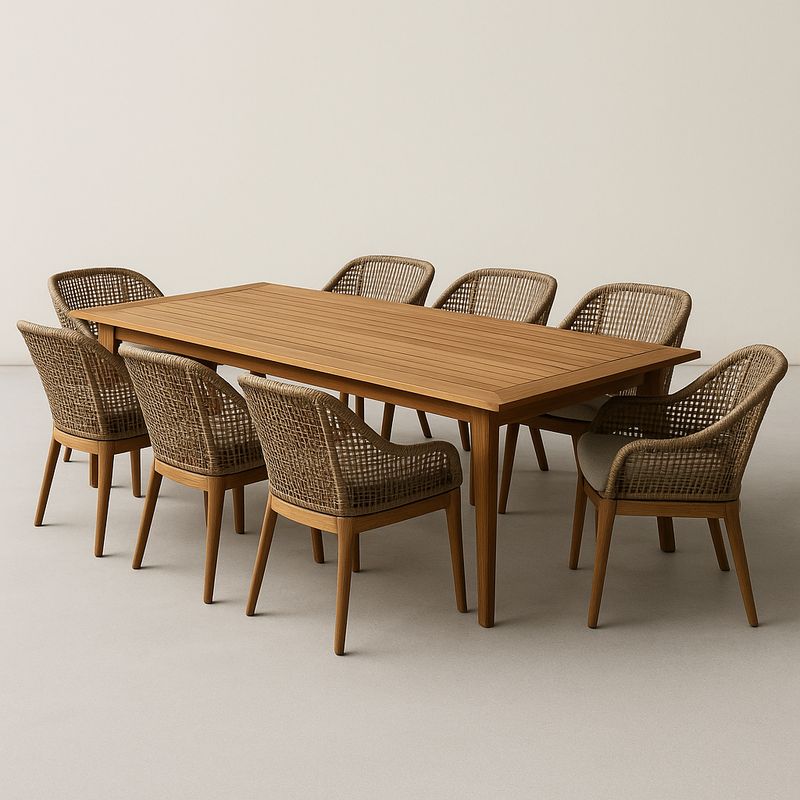 Esstisch Set Holz Rechteckig mit 8 Stühlen Polyrattan Geflecht Natur