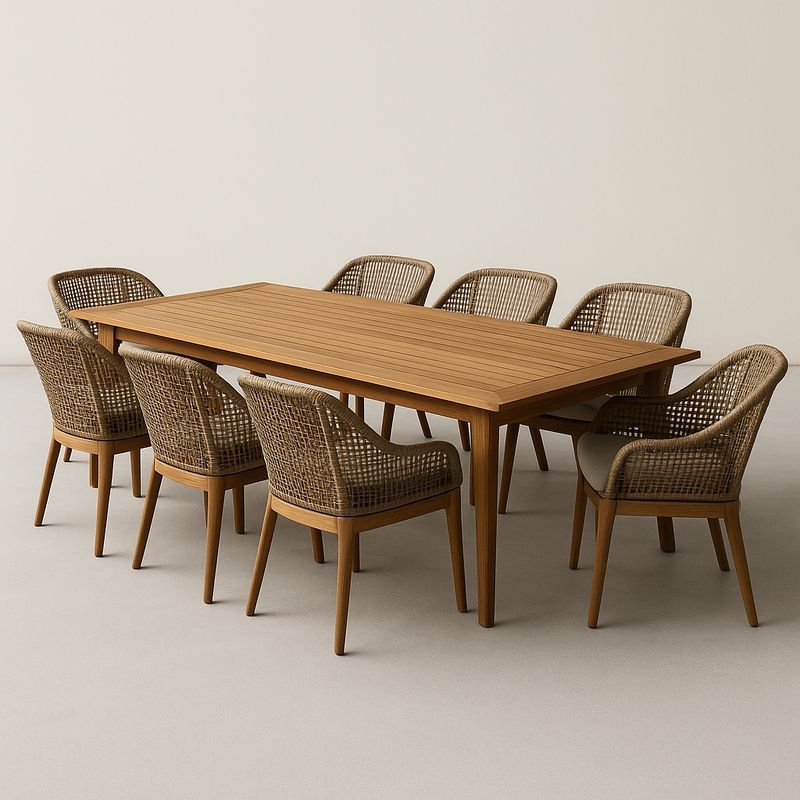 Esstisch Set Holz Rechteckig mit 8 Stühlen Polyrattan Geflecht Natur