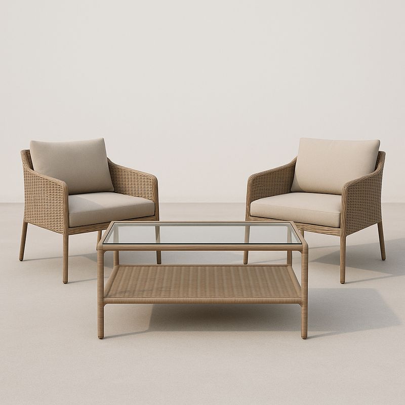 Gartensessel und Tisch Set Rattan mit gehärtetem Glas 3er-Set