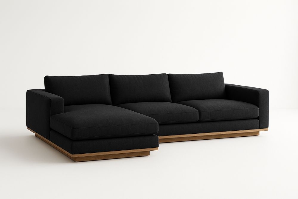 Canapé d'angle en tissu noir avec base en bois-Jardinanila