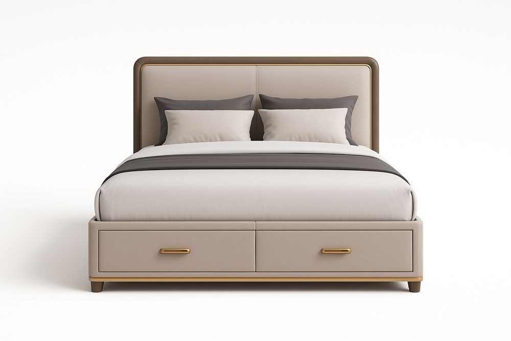 Lit double en bois avec tiroirs de rangement et tête de lit rembourrée beige/gris-Jardinanila