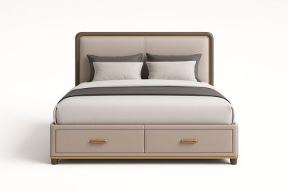 Lit double en bois avec tiroirs de rangement et tête de lit rembourrée beige/gris-Jardinanila