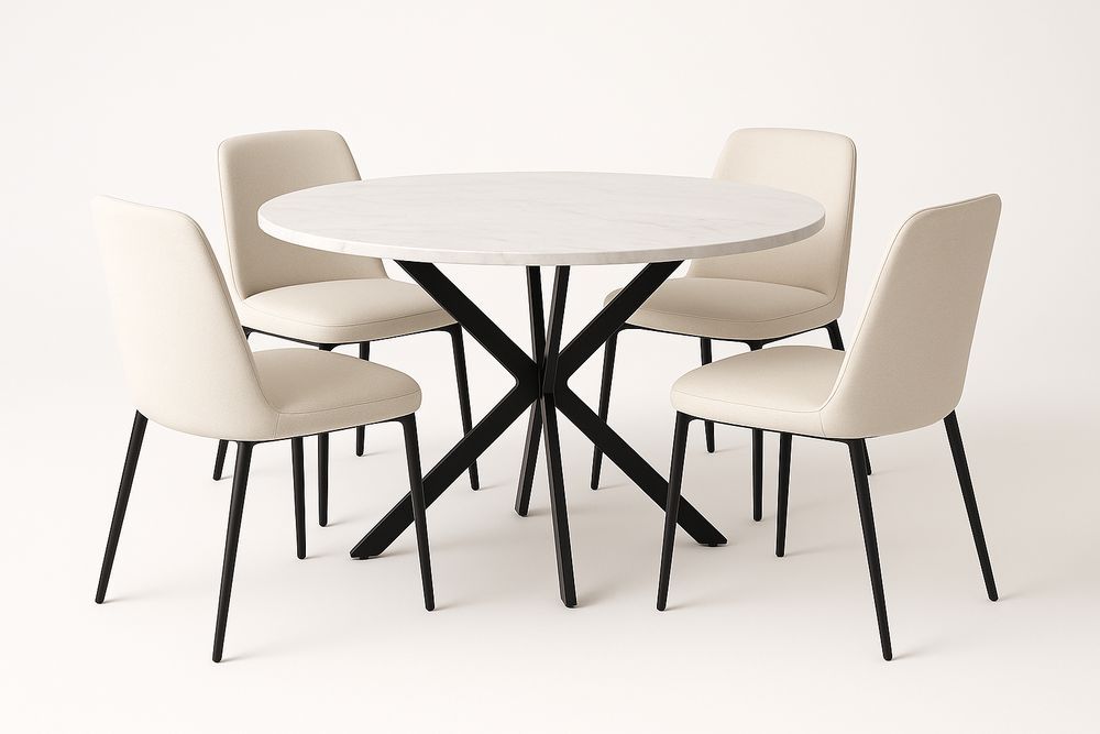Table Ronde en Marbre et 4 Chaises en Métal et Tissu Blanc-Jardinanila