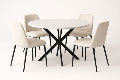 Table Ronde en Marbre et 4 Chaises en Métal et Tissu Blanc-Jardinanila